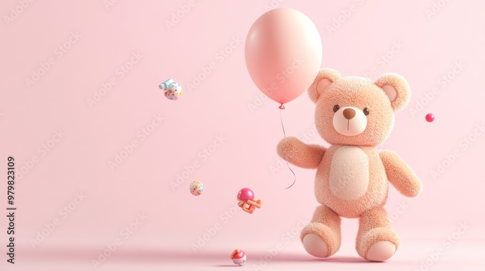 Obraz premium A cute teddy bear holding a pink balloon with colorful confetti on a pastel background.