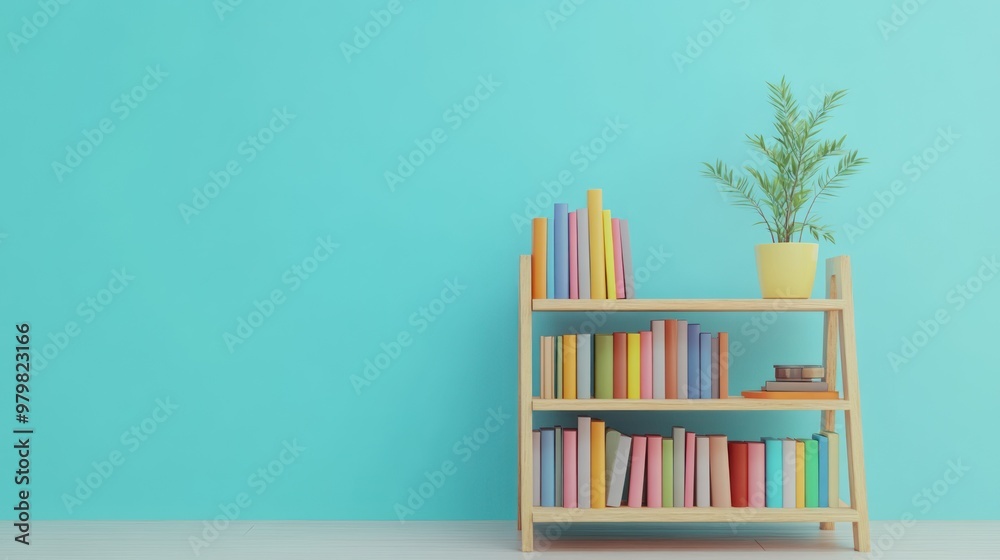 A colorful bookshelf with books and a potted plant against a turquoise wall. A colorful bookshelf with books and a potted plant against a turquoise wall.