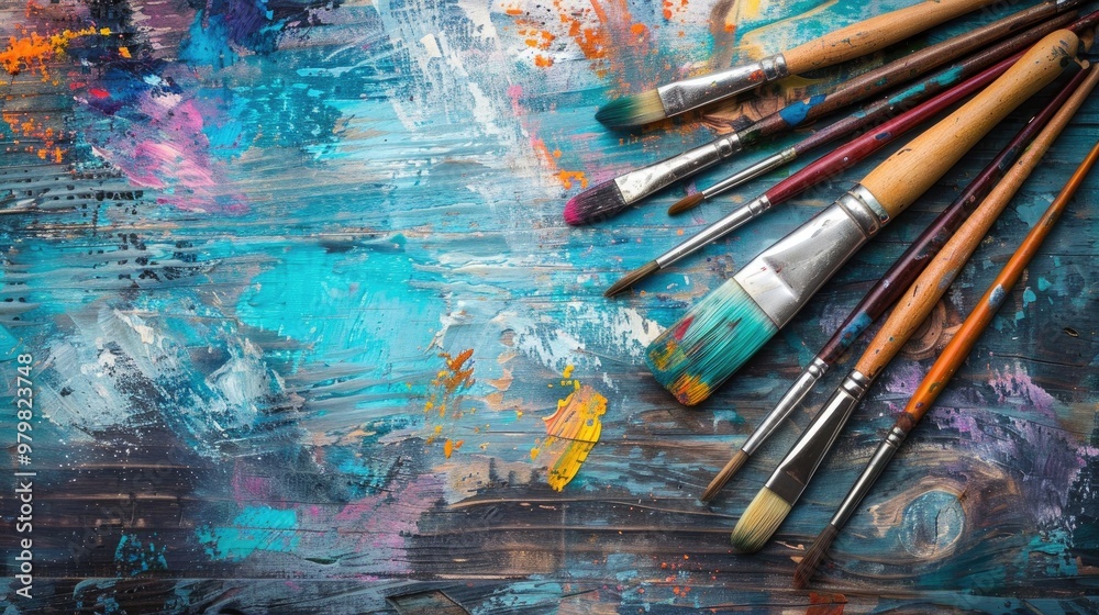 Fototapeta premium Art tools on wooden surface represent creativity concept in painting workshop