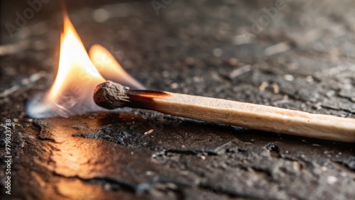 Burned Out Matchstick A single matchstick burned to the end, lying on a dark surface, representing actions that can’t be undone.