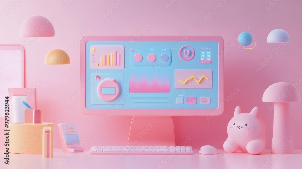 A pastel-themed workspace featuring a computer, cute decor, and playful elements. A pastel-themed workspace featuring a computer, cute decor, and playful elements.