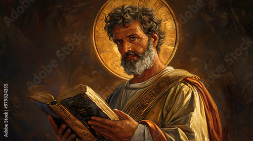 Saint Mark with a Golden Halo Above His Head, Holding a Book, Likely the Bible.