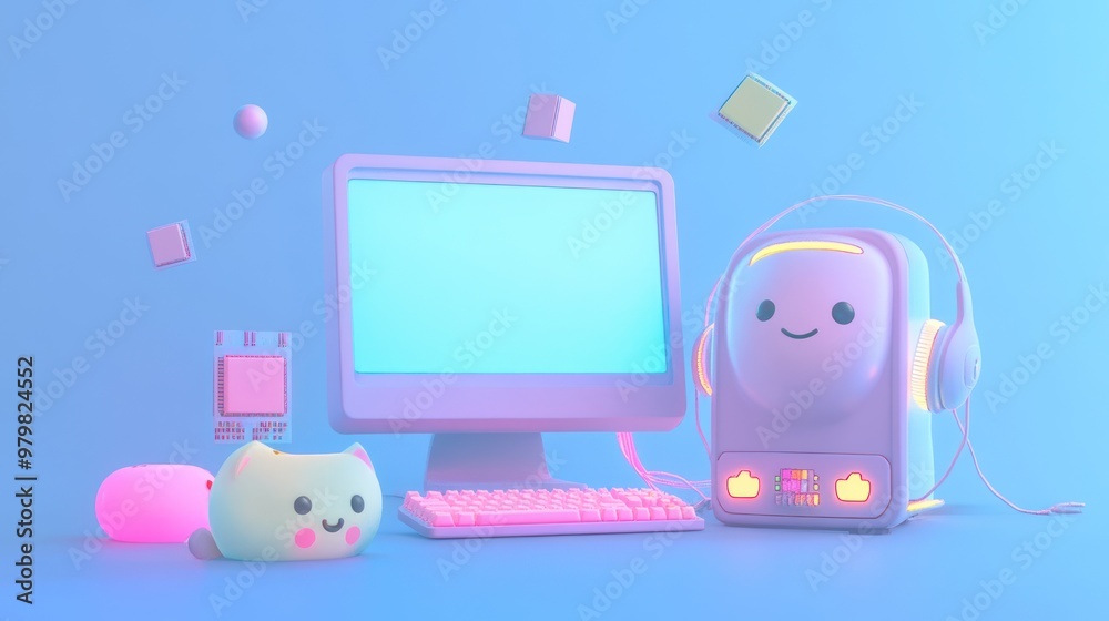 A cute, pastel-themed workspace featuring a computer, keyboard, and playful accessories. A cute, pastel-themed workspace featuring a computer, keyboard, and playful accessories.
