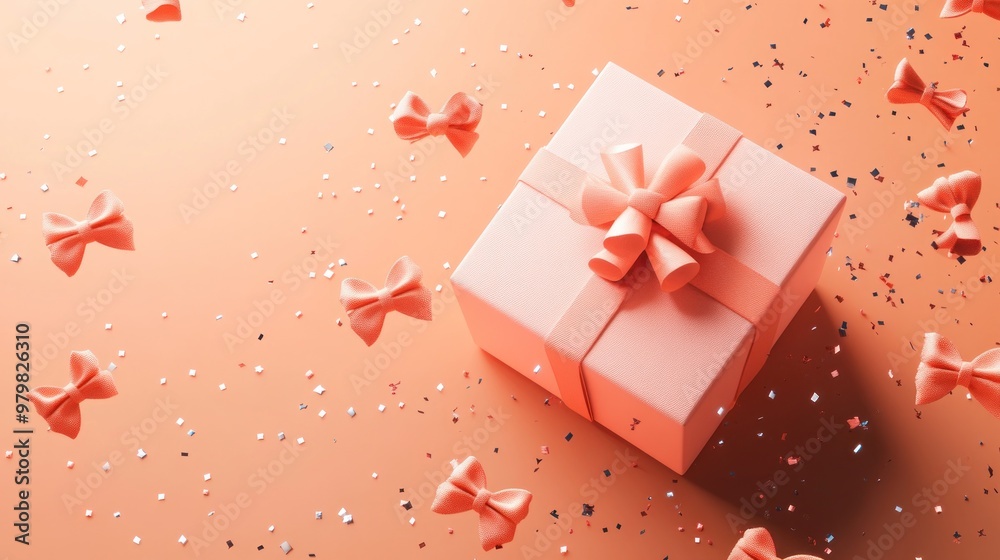 A pink gift box with a bow, surrounded by small bows and confetti on a soft background. A pink gift box with a bow, surrounded by small bows and confetti on a soft background.