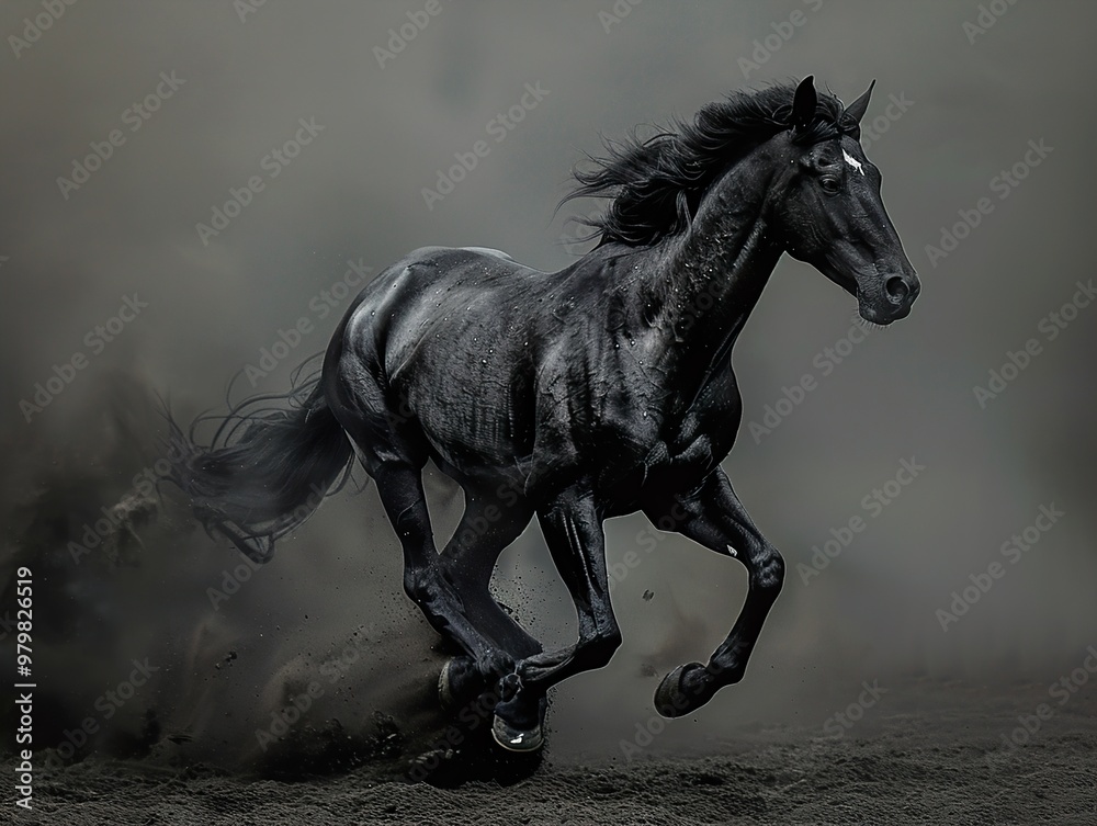 Black Horse Running in Dust - Powerful Equine Photography Black Horse Running in Dust - Powerful Equine Photography