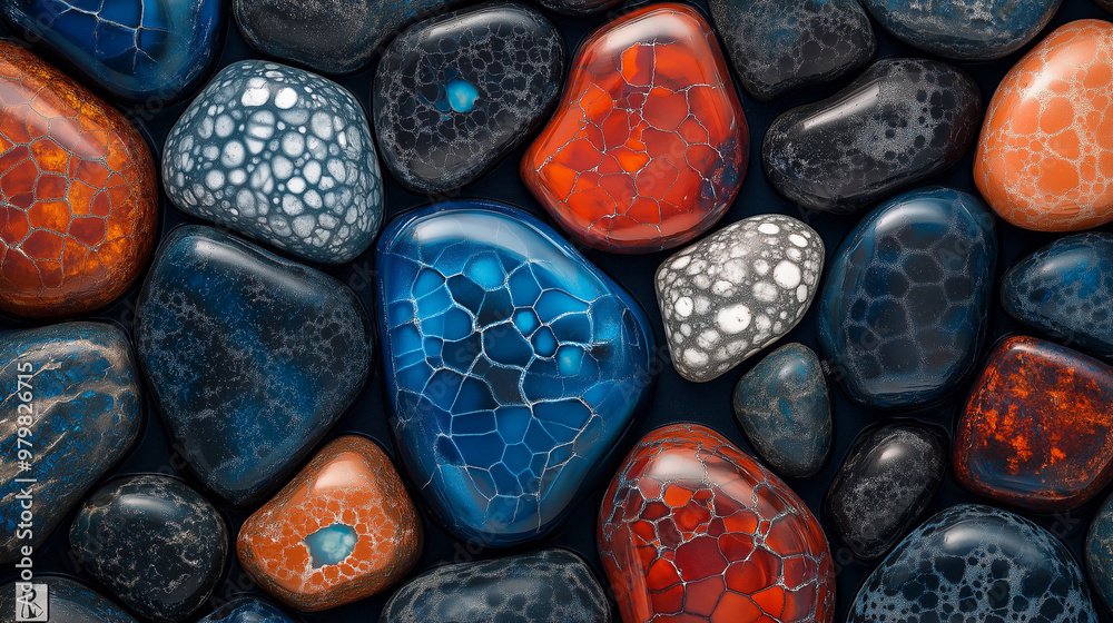 A close-up macro vivid background featuring dark polished opal rocks, with a gradient from dark blue to red and white, intricate pattern on the surface, adding depth A close-up macro vivid background featuring dark polished opal rocks, with a gradient from dark blue to red and white, intricate pattern on the surface, adding depth
