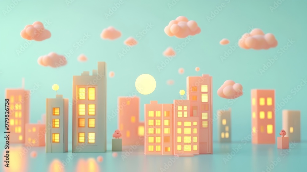 A whimsical cityscape with pastel buildings, clouds, and a sun, evoking a playful atmosphere. A whimsical cityscape with pastel buildings, clouds, and a sun, evoking a playful atmosphere.