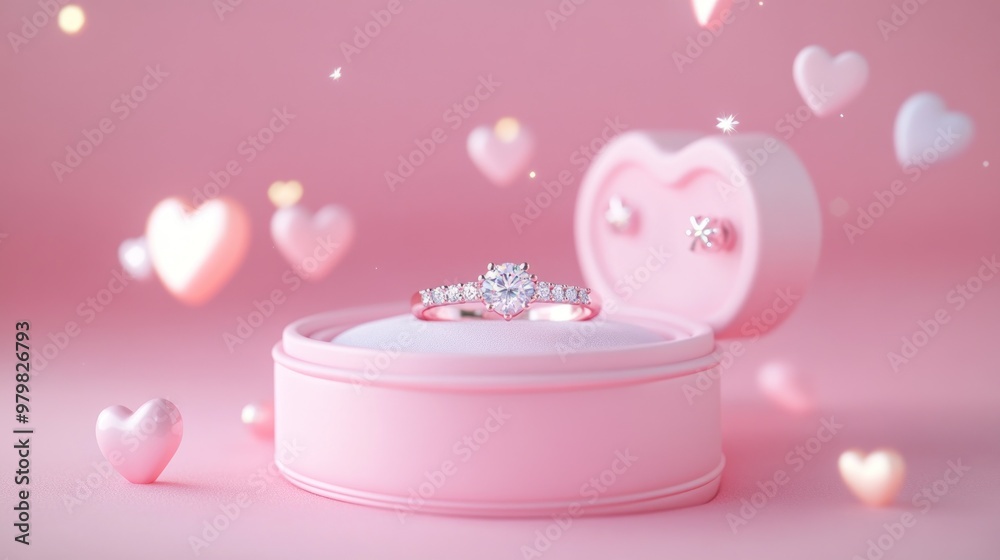 A sparkling engagement ring displayed in a pink jewelry box, surrounded by floating hearts. A sparkling engagement ring displayed in a pink jewelry box, surrounded by floating hearts.