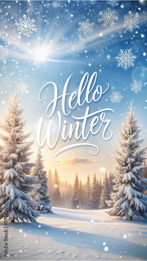 Illustration postcard with a winter landscape and the inscription: Illustration postcard with a winter landscape and the inscription: