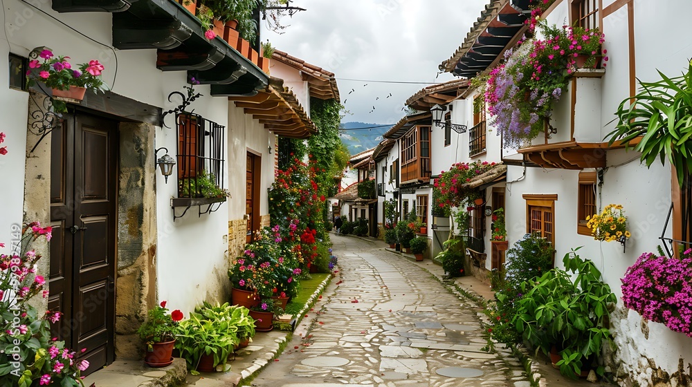 Fototapeta premium Charming town lanes with ancestral houses decorated with wildflowers and greenery