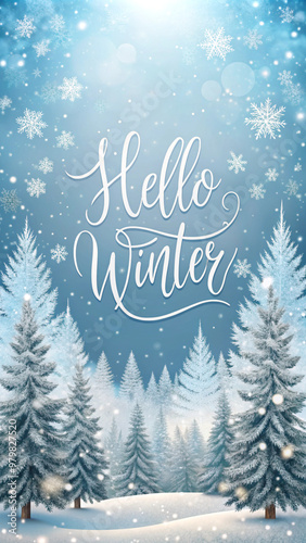 Illustration postcard with a winter landscape and the inscription: "Hello winter."