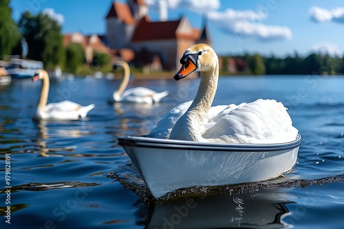 A peaceful boat ride on Lake GalvÄ—, with swans gliding across the water and Trakai Castle in the background photo