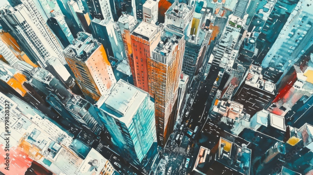 Fototapeta premium Aerial view of a bustling cityscape with high-rise buildings showcasing urban architecture and vibrant street life.