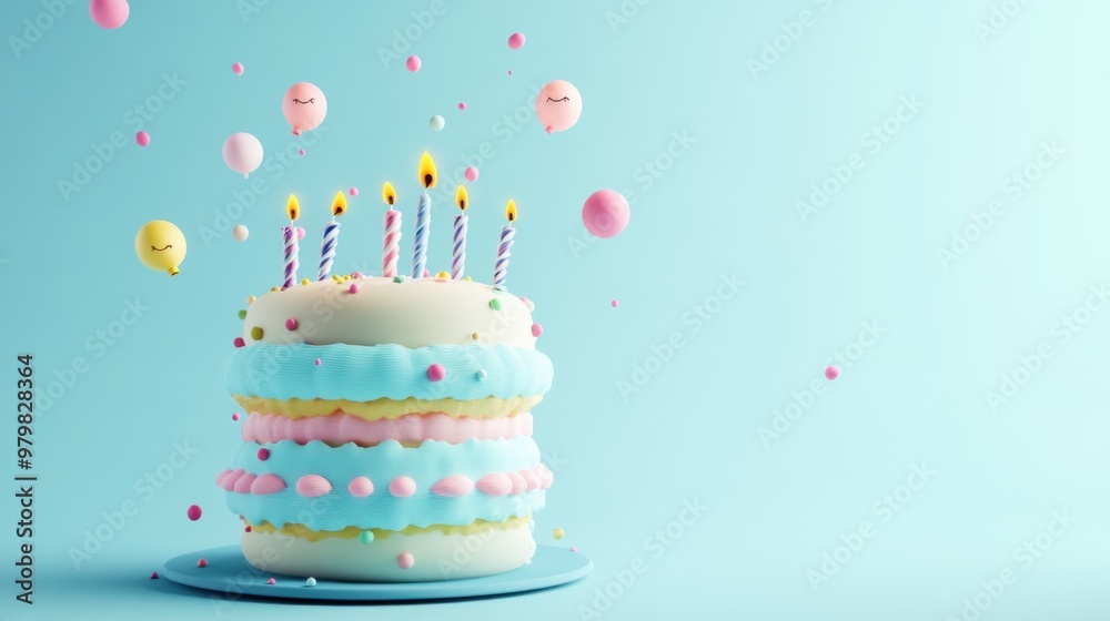 A colorful birthday cake with candles and festive decorations. A colorful birthday cake with candles and festive decorations.