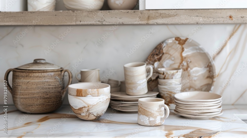 Beautiful marble dishes and mugs displayed on kitchen counter top Beautiful marble dishes and mugs displayed on kitchen counter top