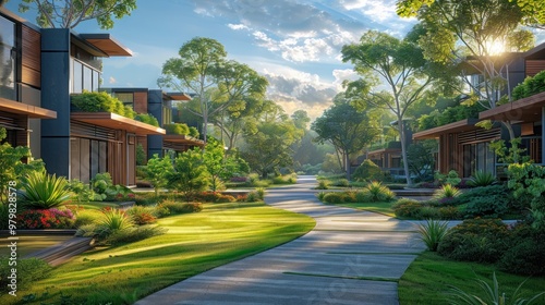 A residential area with two houses and a grassy walkway between them