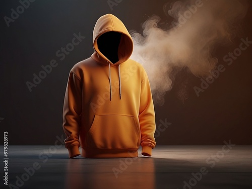 Mock up 3D pink-orange hoddie on a orange background podium with light smoke. photo