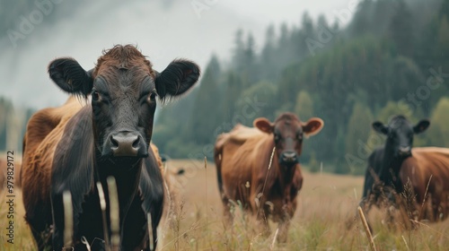 Black and brown cows in natural surroundings with space for text