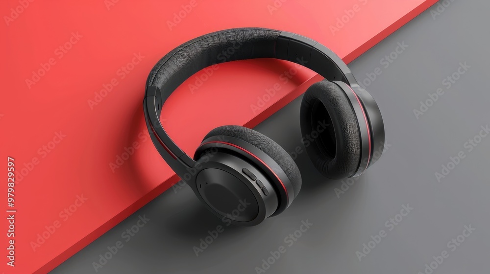 Black headphones styled on a grey and red background with a musical theme Aerial perspective in an urban summer setting Black headphones styled on a grey and red background with a musical theme Aerial perspective in an urban summer setting