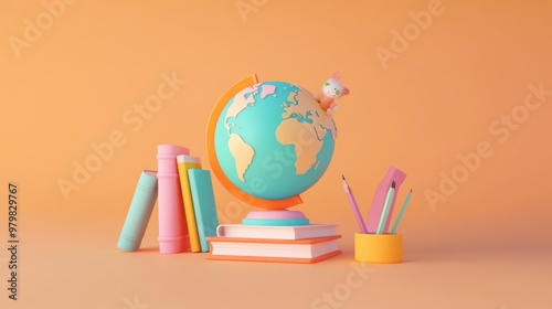 A colorful globe with books and stationery, symbolizing education and exploration. photo