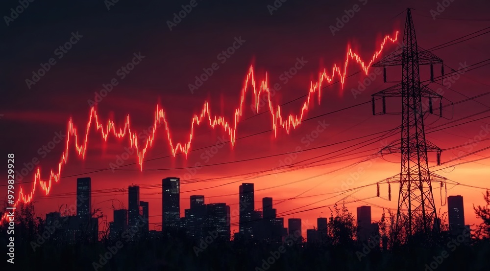 A red stock market graph going up with an electricity pylon in front of it, silhouette city skyline in the background A red stock market graph going up with an electricity pylon in front of it, silhouette city skyline in the background