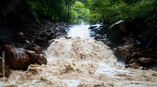 flash flood cascading down a steep mountain, with rocks, mud, and water crashing through photo