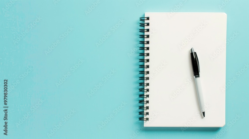 Blank notebook and pen from above on light blue background with space for text idea for notes and organization Blank notebook and pen from above on light blue background with space for text idea for notes and organization