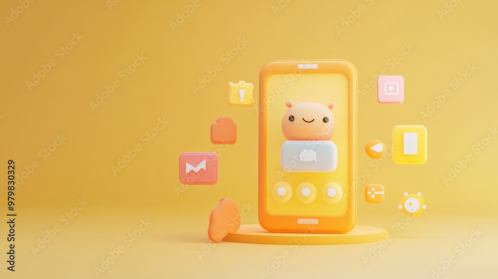 A cheerful smartphone with playful icons on a vibrant yellow background. A cheerful smartphone with playful icons on a vibrant yellow background.