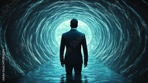 A man is standing in a tunnel of water