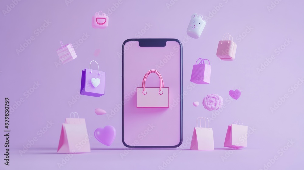 A smartphone displaying a shopping bag amidst floating shopping icons on a pastel background. A smartphone displaying a shopping bag amidst floating shopping icons on a pastel background.
