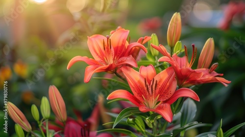 Blooming red Asiatic lilies in a garden Concept of horticulture and natural beauty