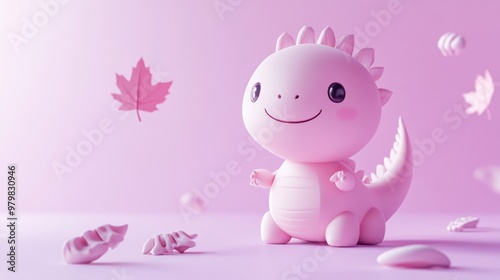 A cute pink dinosaur toy surrounded by leaves and shells on a soft pink background.