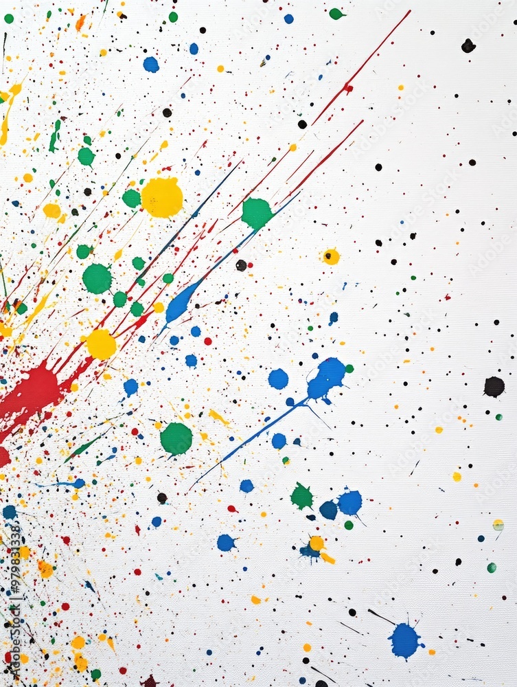 Acrylic paint splatters on a white canvas with random yet beautiful patterns Acrylic paint splatters on a white canvas with random yet beautiful patterns