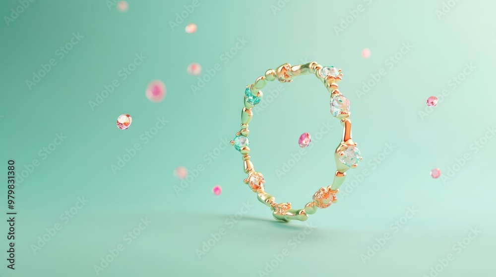 A colorful bracelet surrounded by floating gems on a soft background. A colorful bracelet surrounded by floating gems on a soft background.
