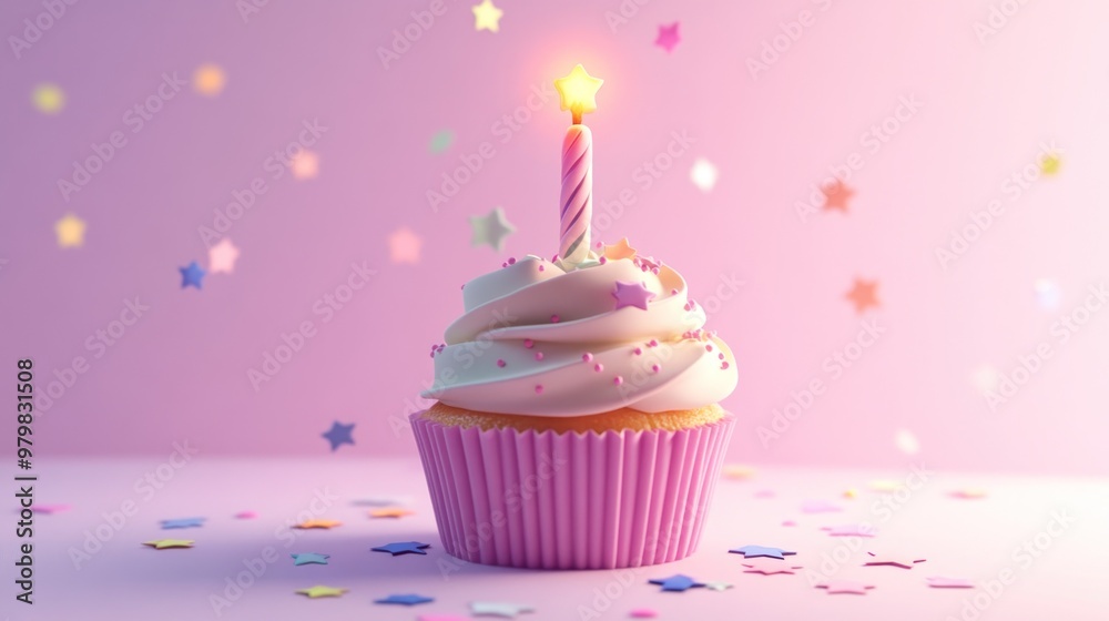 A festive cupcake with a candle, surrounded by colorful star confetti. A festive cupcake with a candle, surrounded by colorful star confetti.