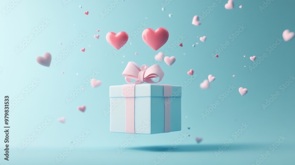 A floating gift box surrounded by hearts, symbolizing love and celebration. A floating gift box surrounded by hearts, symbolizing love and celebration.