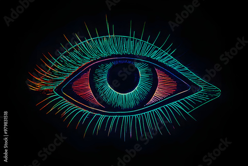 Neon outline of an eye isotated on black background.