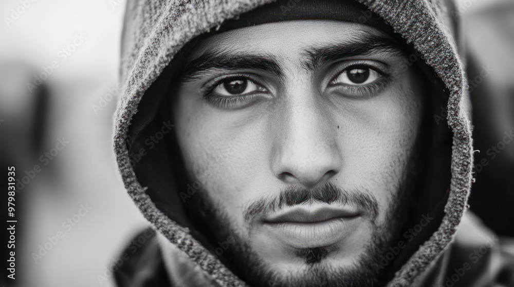 black and white portrait illustration of Arabian looking young bearded man with dark eyes black and white portrait illustration of Arabian looking young bearded man with dark eyes