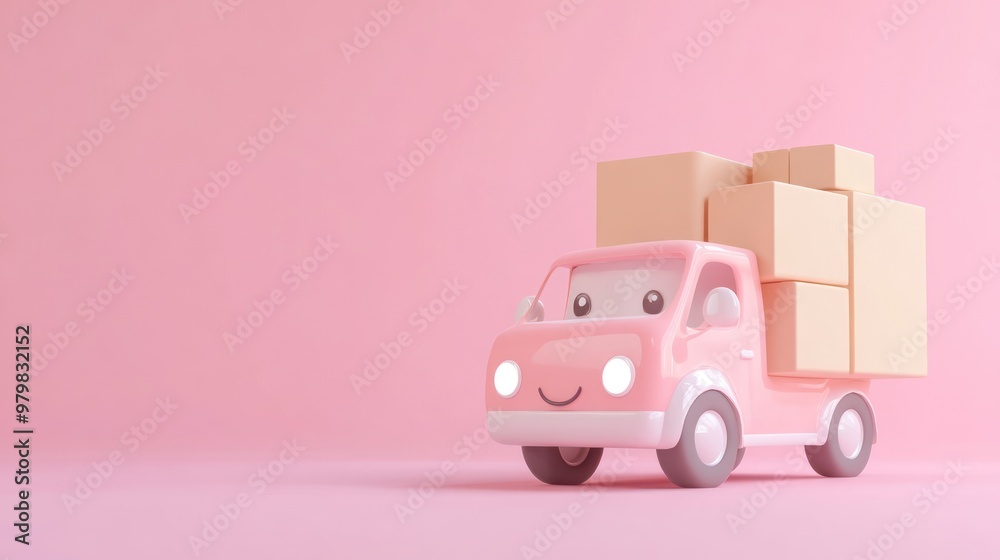 A cute pink toy truck loaded with cardboard boxes against a soft pink background. A cute pink toy truck loaded with cardboard boxes against a soft pink background.