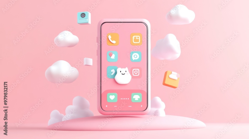 A pink smartphone with app icons and clouds, creating a playful digital atmosphere. A pink smartphone with app icons and clouds, creating a playful digital atmosphere.