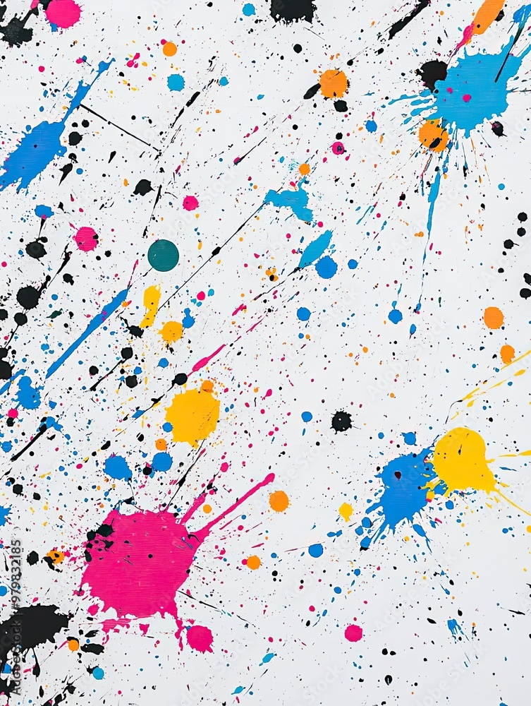 Acrylic paint splatters on a white canvas with random yet beautiful patterns Acrylic paint splatters on a white canvas with random yet beautiful patterns