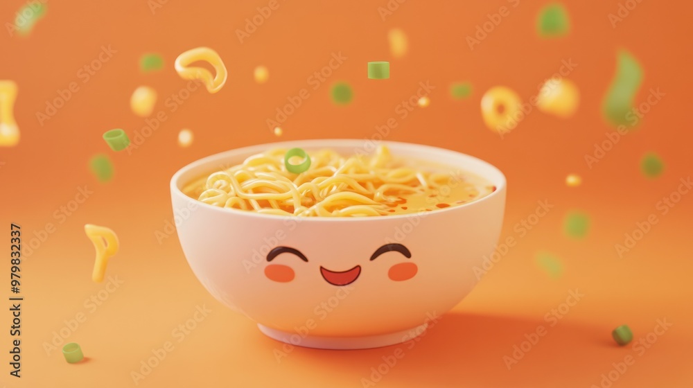 A cheerful bowl of noodles with a smiling face, surrounded by playful ingredients. A cheerful bowl of noodles with a smiling face, surrounded by playful ingredients.