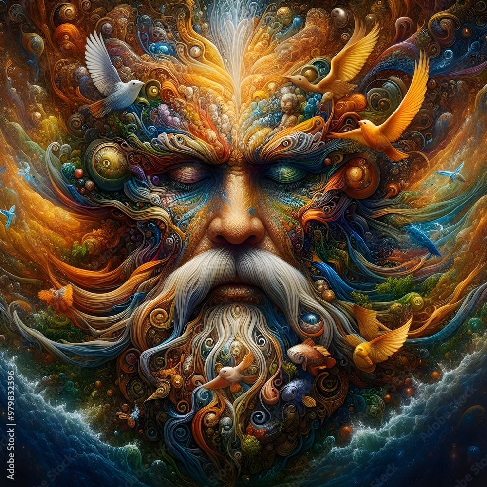Fototapeta premium Cosmic Elder with Elemental Birds – Abstract AI Artwork