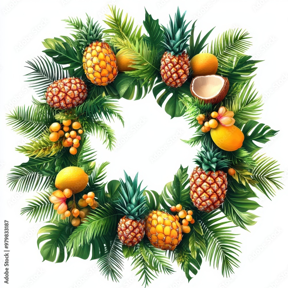 Fototapeta premium A vibrant tropical wreath featuring pineapples, coconuts, and lush green leaves, perfect for summer decor and nature themes, white background