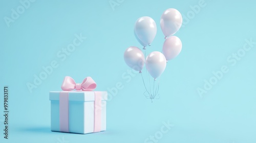 A pastel gift box with a pink ribbon and balloons, symbolizing celebration and joy.