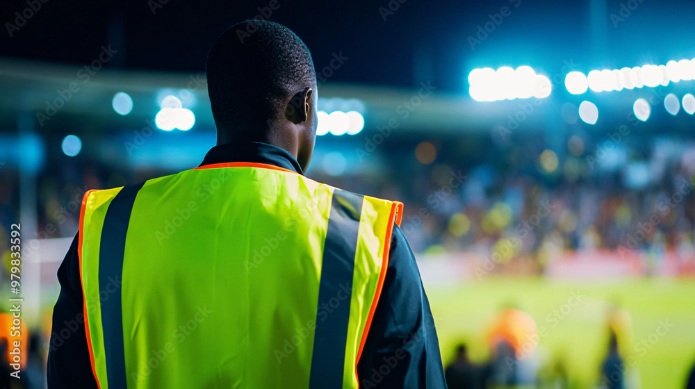 At night, a security guard in a high-visibility vest watches over a bustling stadium At night, a security guard in a high-visibility vest watches over a bustling stadium