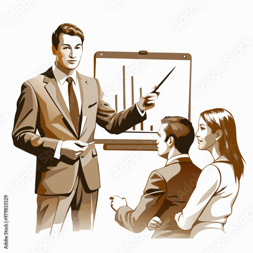Business leader presenting financial data on a chart to engaged audience in a polished golden illustration
