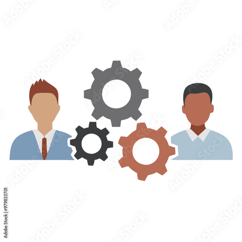 Diverse professionals collaborating with gears representing teamwork in flat design