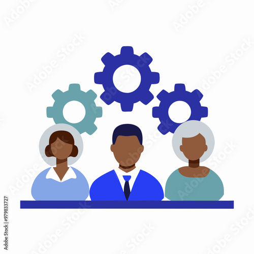 Diverse group of professionals with gears symbolizing teamwork and collaboration
