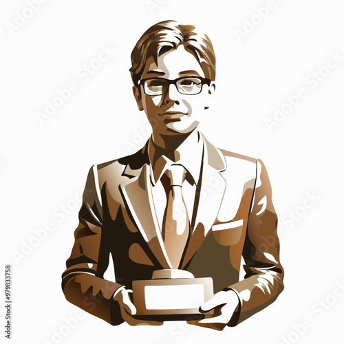 Young businessman in glasses holding an award and looking confidently in a stylish golden illustration